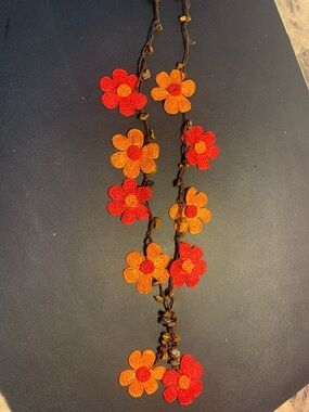 Handmade crochet  Red & Orange Floral Necklace